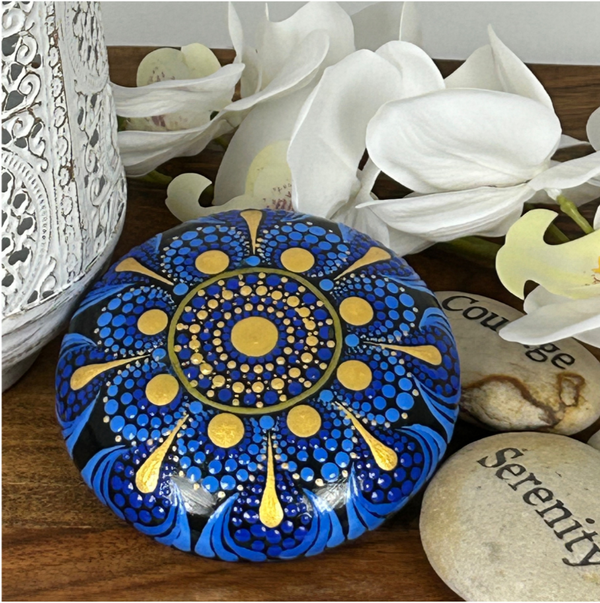Medium Art Stone, Yoga Stone, Meditation Stone in Blue & Gold