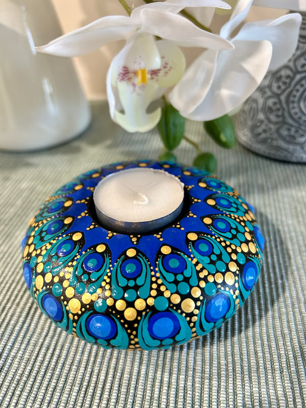 Tea Light Candle Holder in Blues, Green & Gold