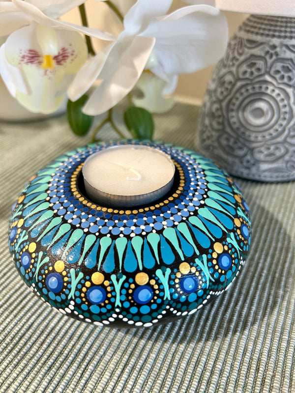 Tea Light Candle Holder in Blues & Gold