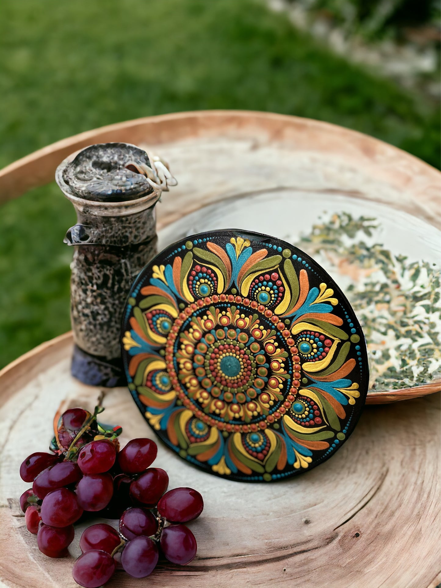 20cm Round Mandala on Wood Painted in Metallic Acrylics