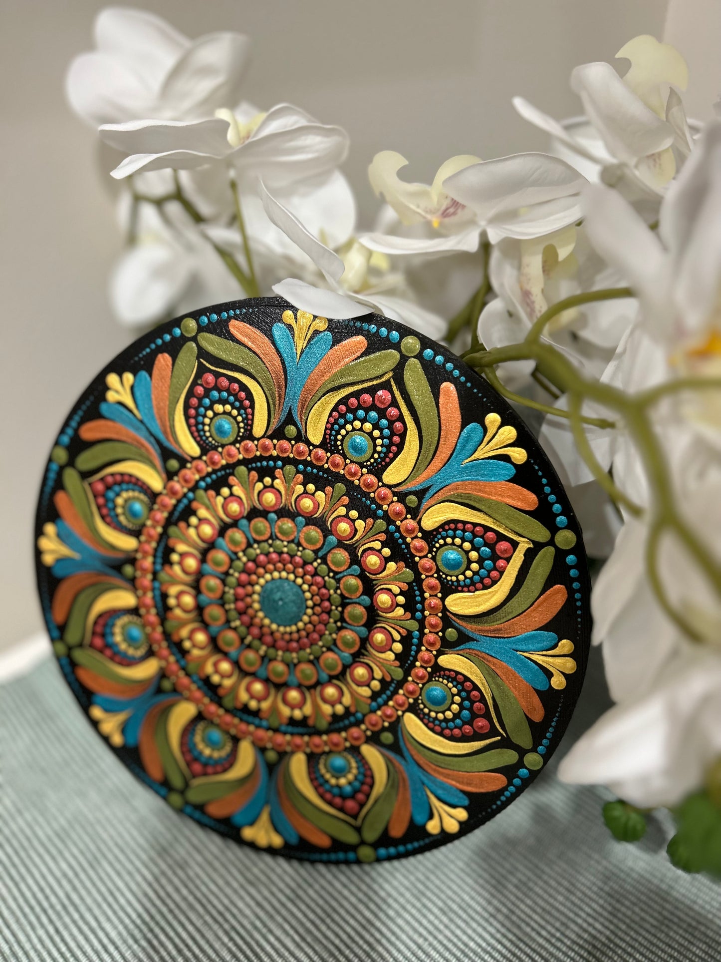 20cm Round Mandala on Wood Painted in Metallic Acrylics
