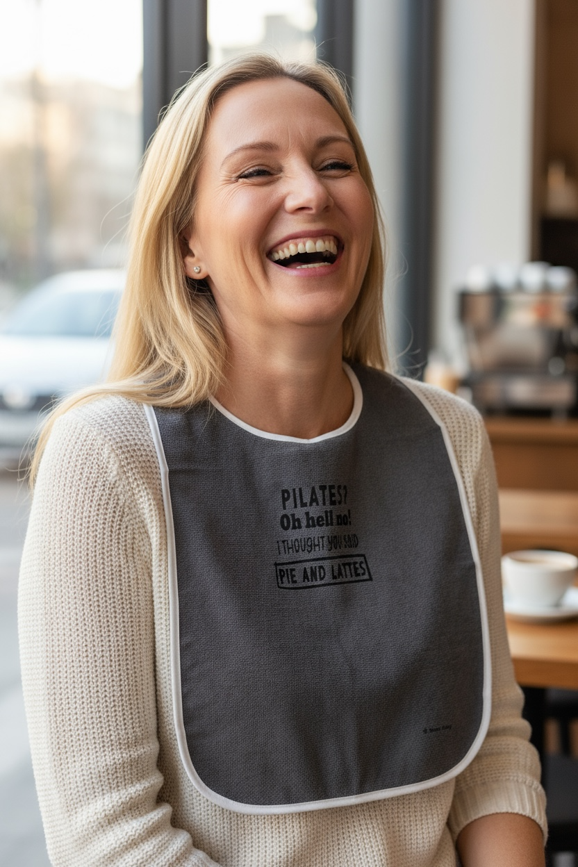 Funny Adult Bib, Adult Bib, Adult Feeder - 'Pilates?'