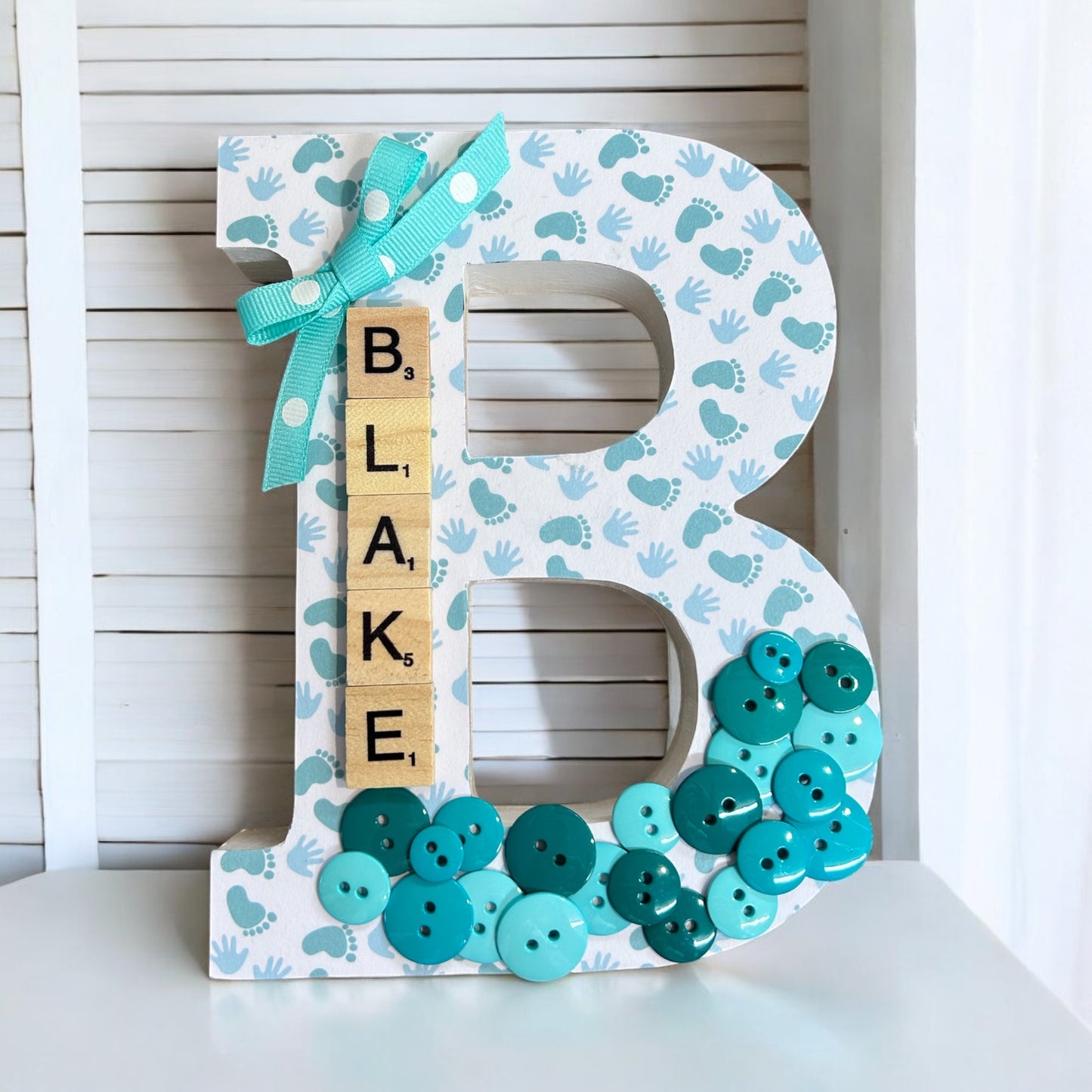 Decorated Wooden Letters - with 'Scrabble style' Letters