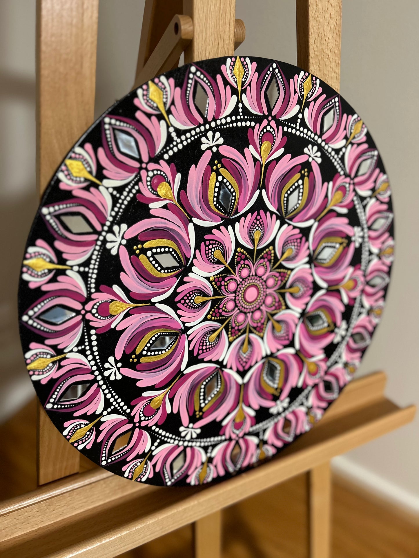 Pink Mandala painted on wood with Mirrors - 40cm