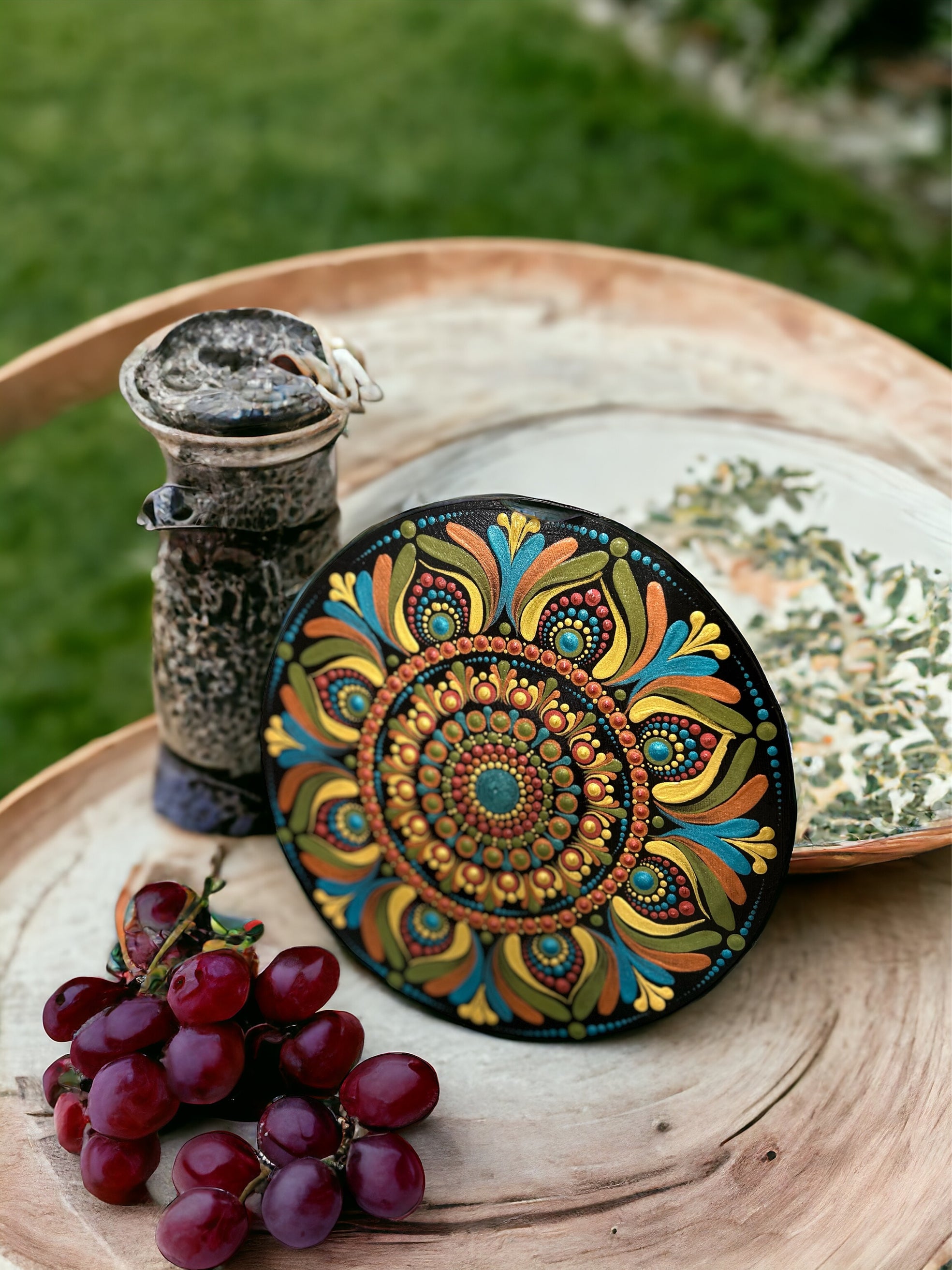 20cm Round Mandala on Wood Painted in Metallic Acrylics