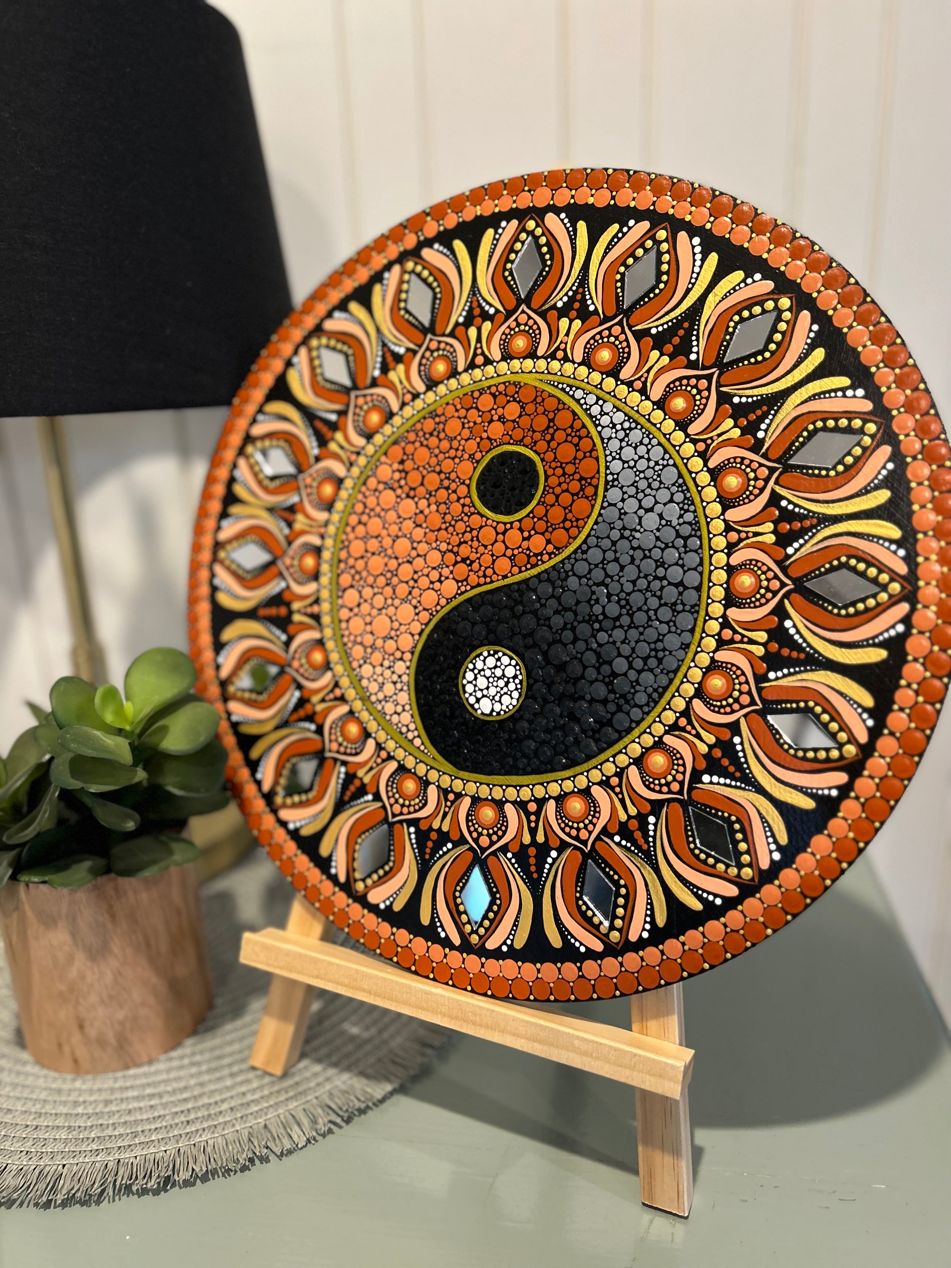 33cm Yin & Yang Mandala in Burnt Orange & Black with Mirrors