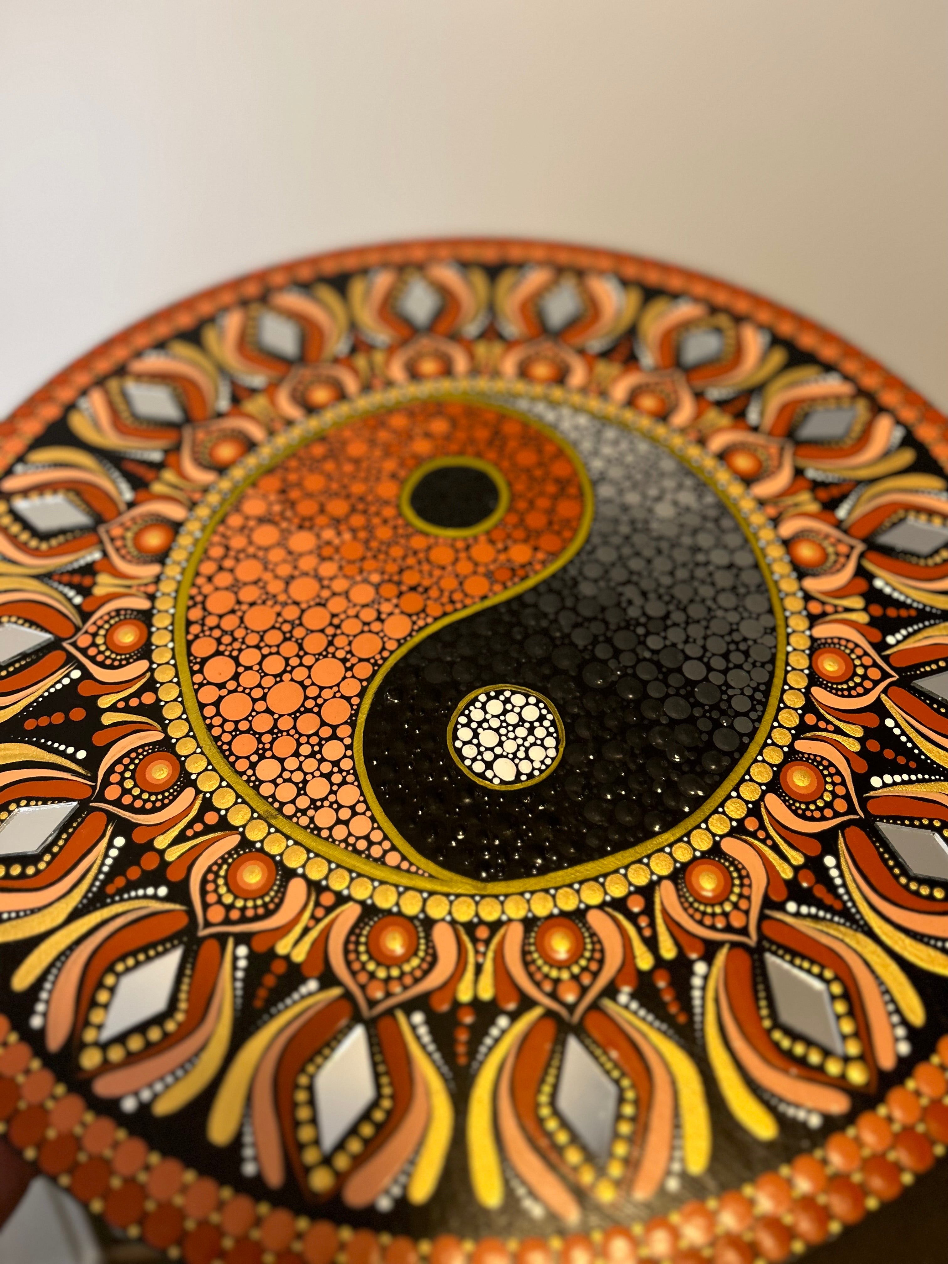 33cm Yin & Yang Mandala in Burnt Orange & Black with Mirrors