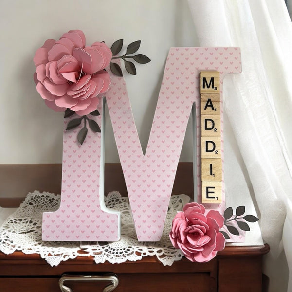 Decorated Wooden Letters - with 'Scrabble style' Letters