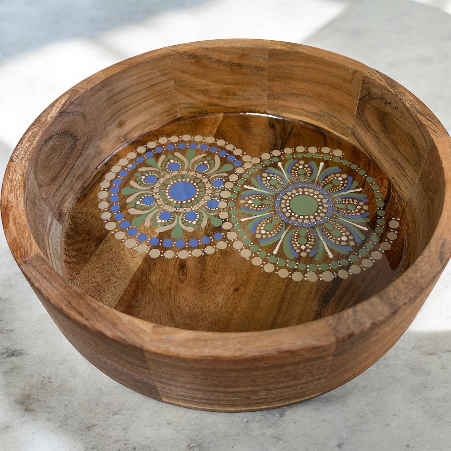 Hand-Painted Mandala Acacia & Marble Bowl