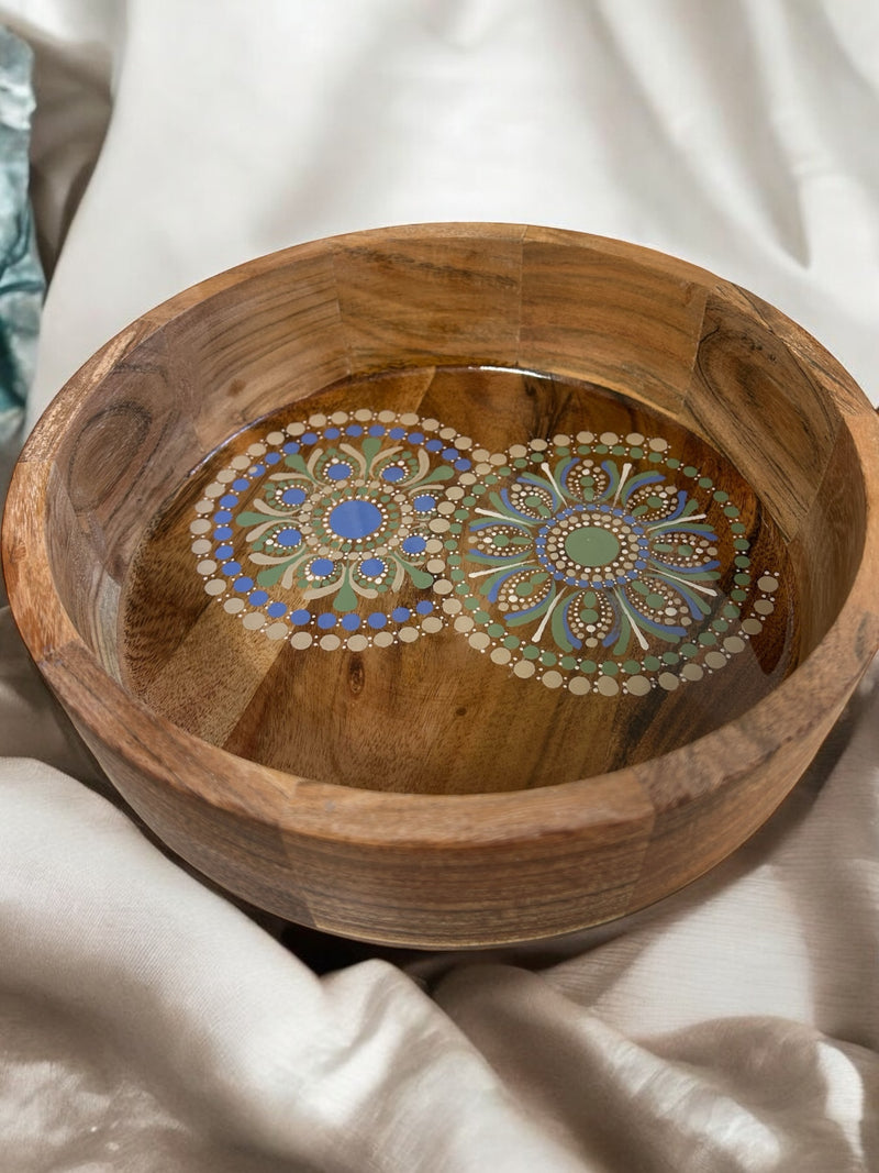 Hand-Painted Mandala Acacia & Marble Bowl