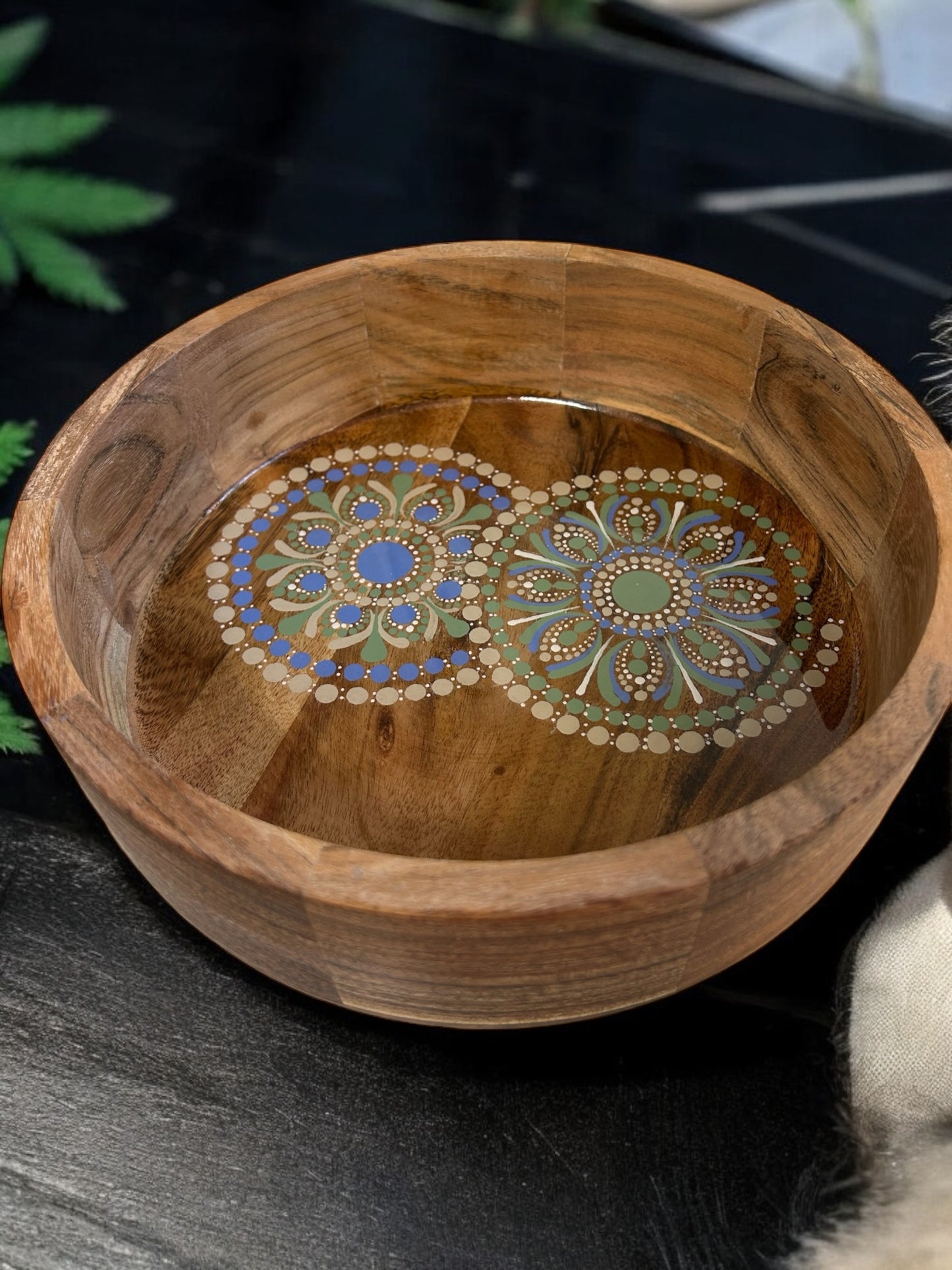 Hand-Painted Mandala Acacia & Marble Bowl