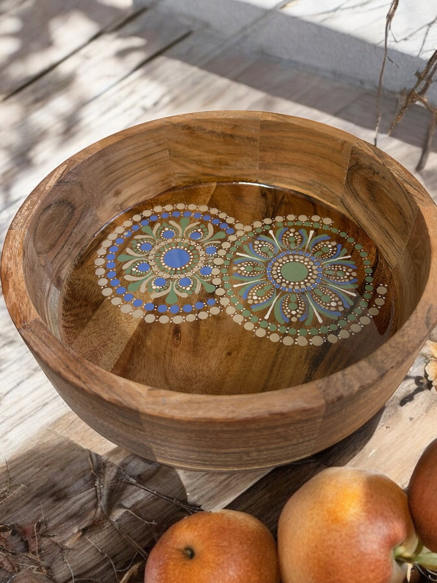 Hand-Painted Mandala Acacia & Marble Bowl