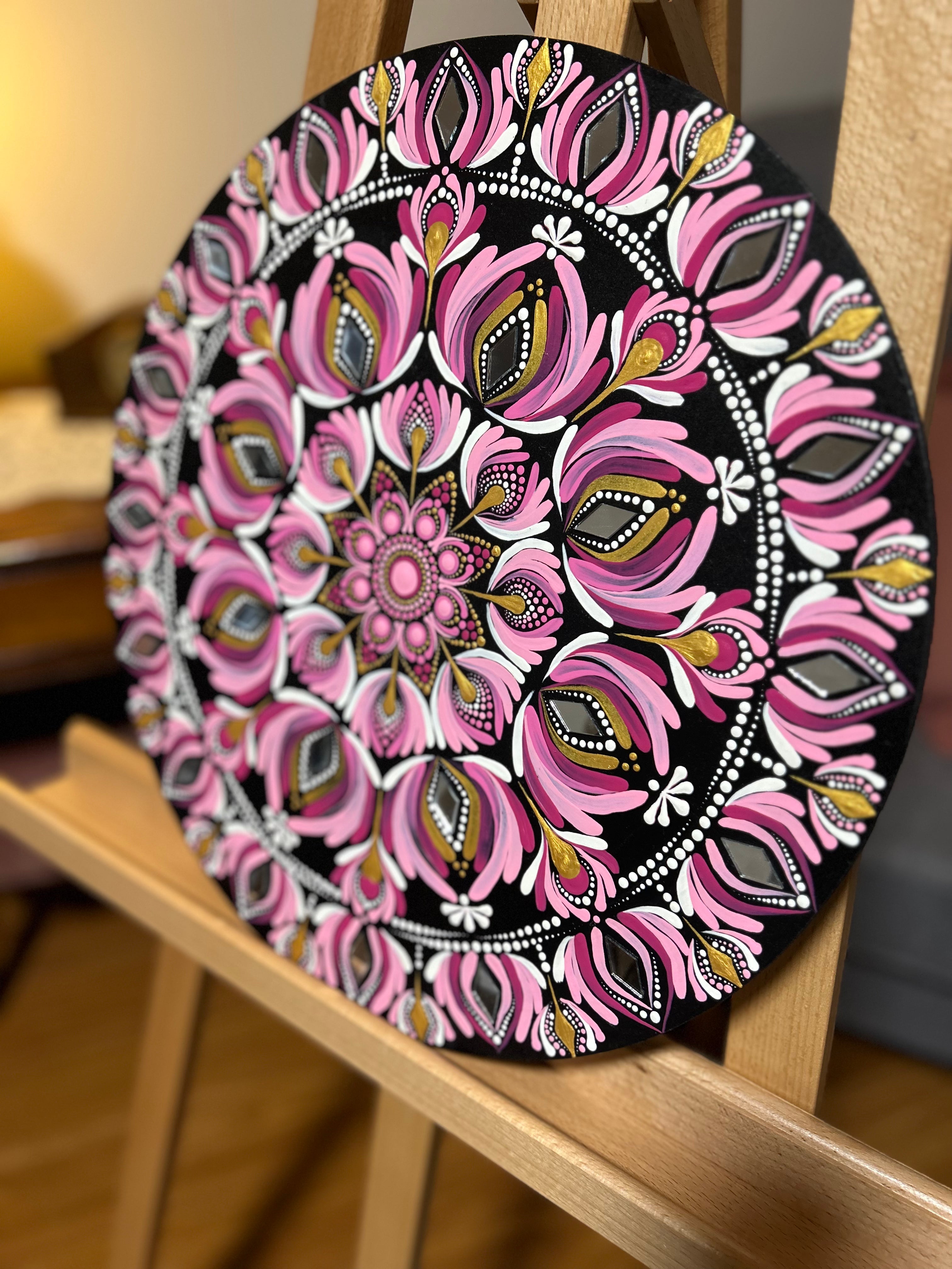 Pink Mandala painted on wood with Mirrors - 40cm