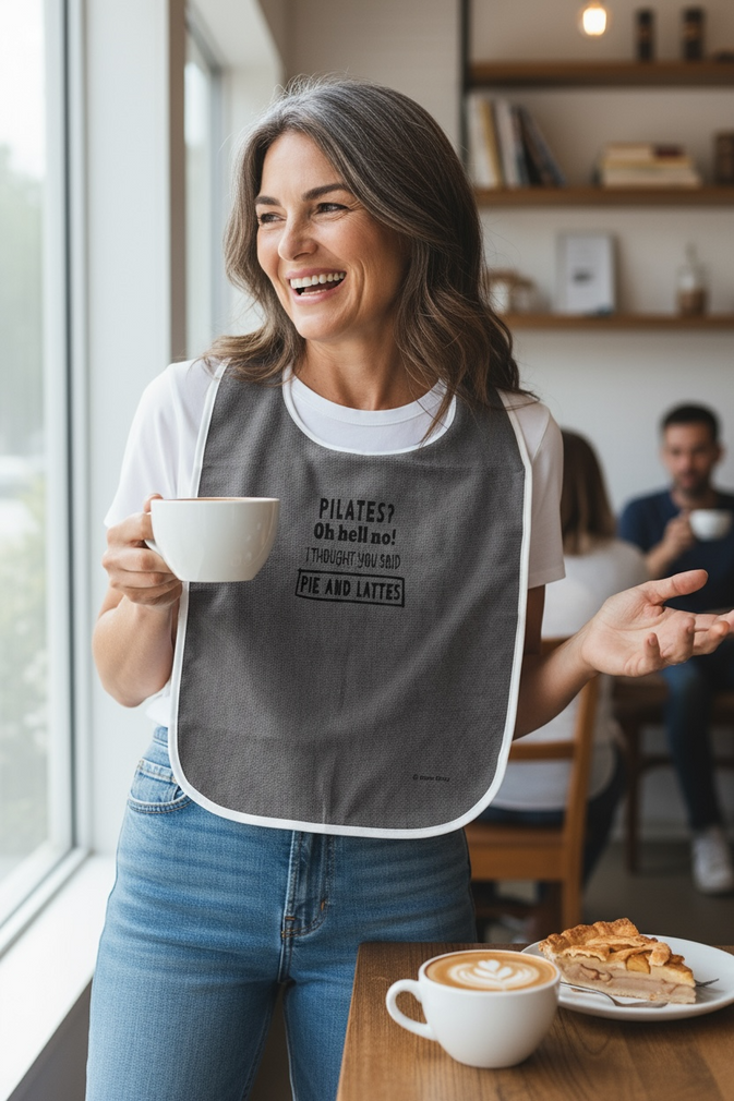 Funny Adult Bib, Adult Bib, Adult Feeder - 'Pilates?'