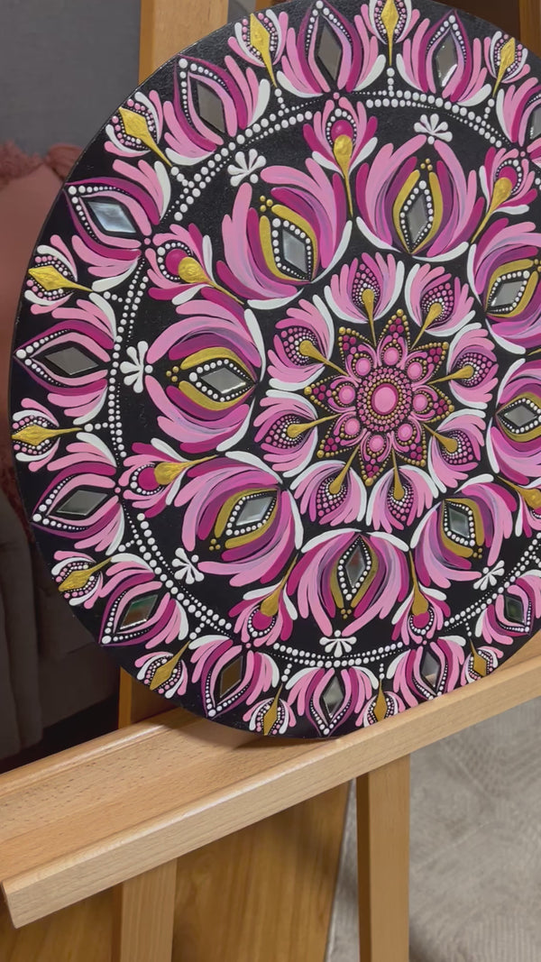 Pink Mandala painted on wood with Mirrors - 40cm